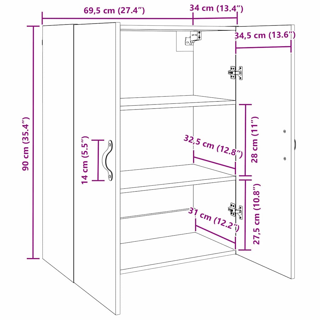 Vægskab Vægmonteret Sort eg 69,5 x 34 x 90 cm Konstrueret træ