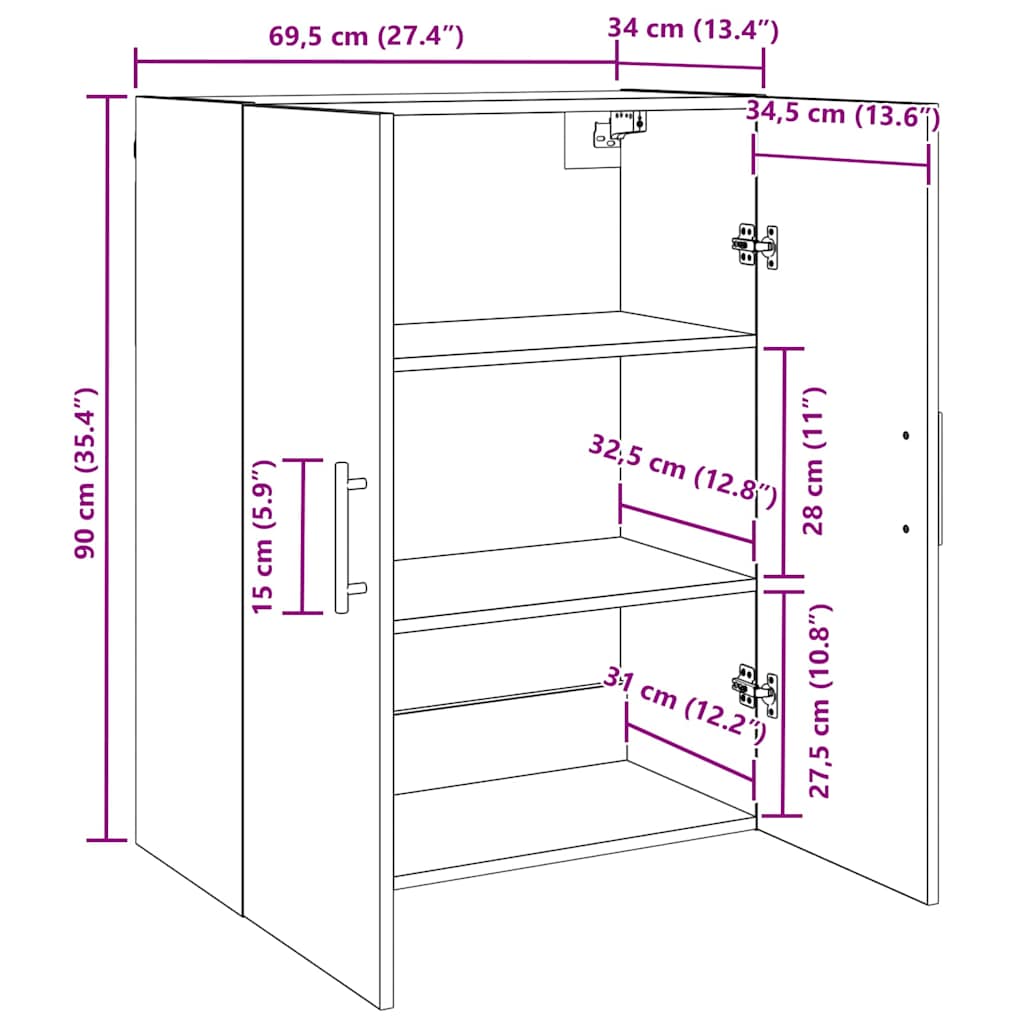 Vægskab Vægmonteret Sort eg 69,5 x 34 x 90 cm Konstrueret træ