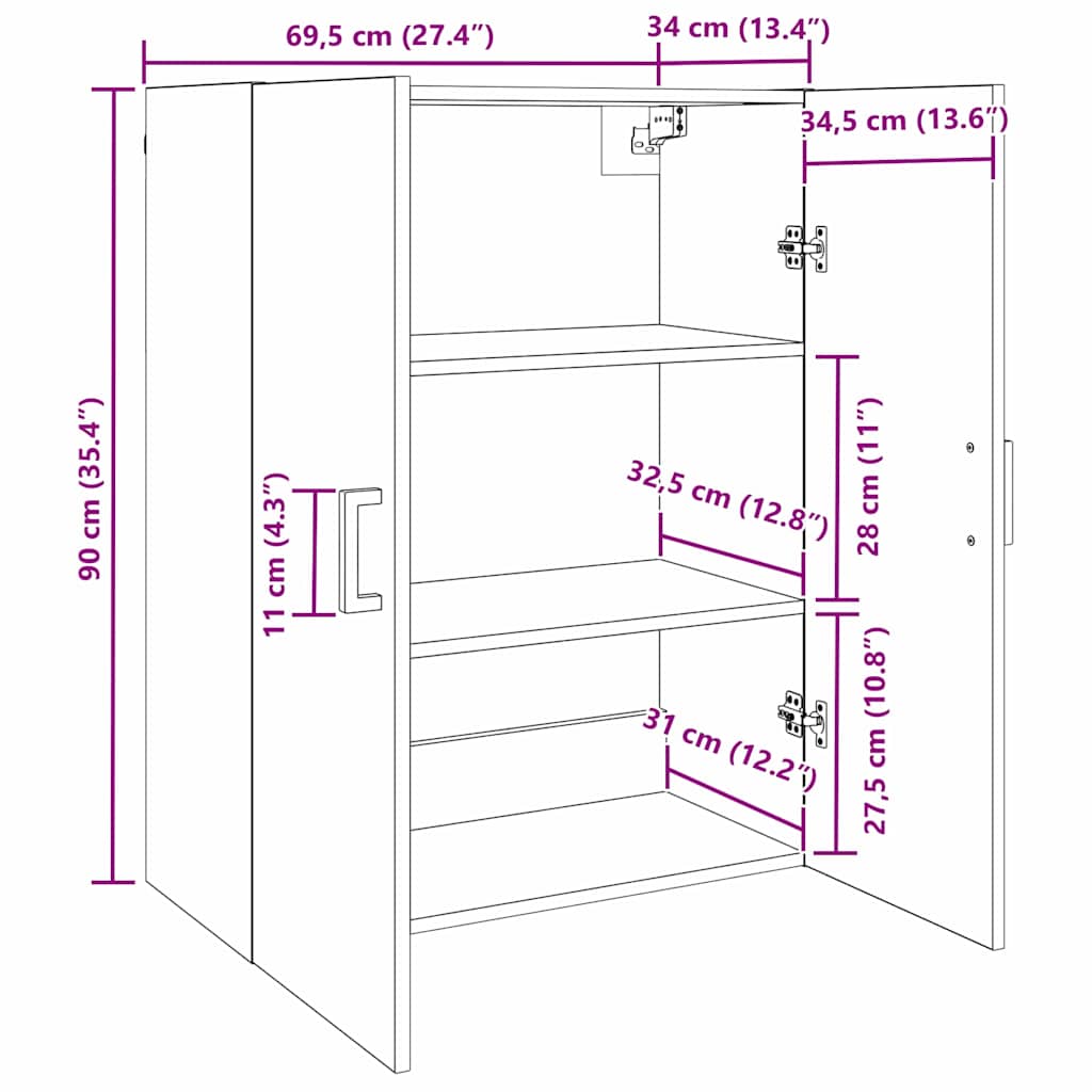 Vægskab Vægmonteret Sort eg 69,5 x 34 x 90 cm Konstrueret træ