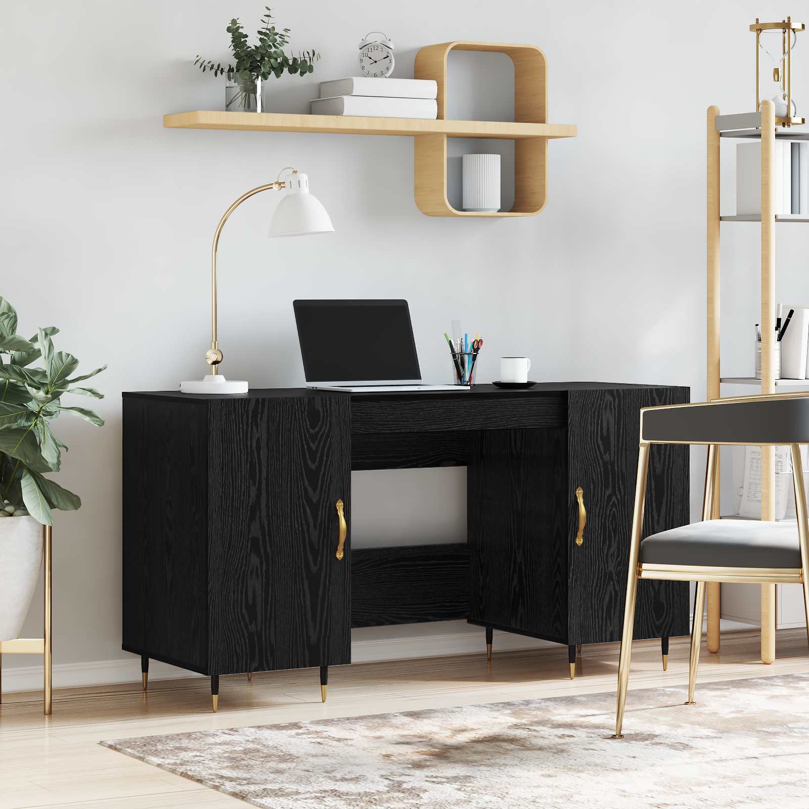 Bord med hylde med dør Sort eg 140 x 50 x 75 cm Konstrueret træ billede