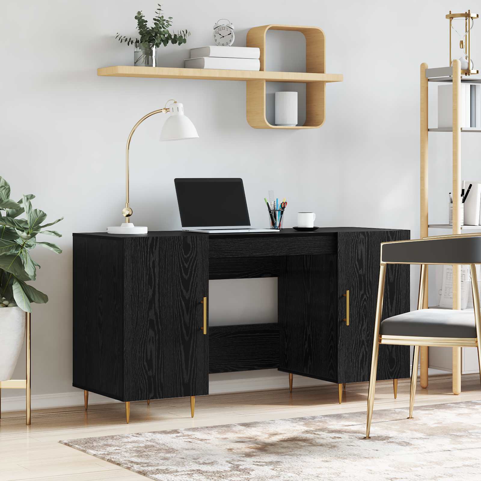 Bord med hylde med dør Sort eg 140 x 50 x 75 cm Konstrueret træ