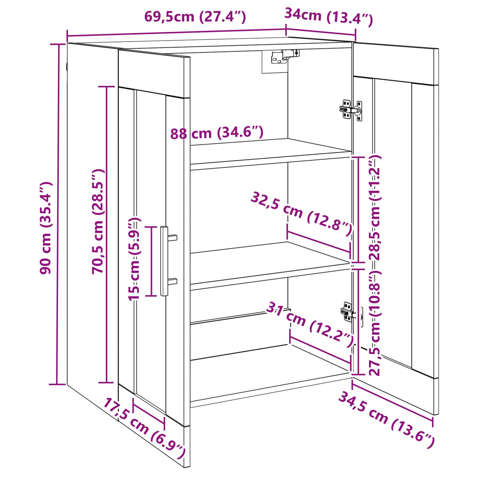 Vægskab Vægmonteret Sort eg 69.5 x 34 x 90 cm Konstrueret træ
