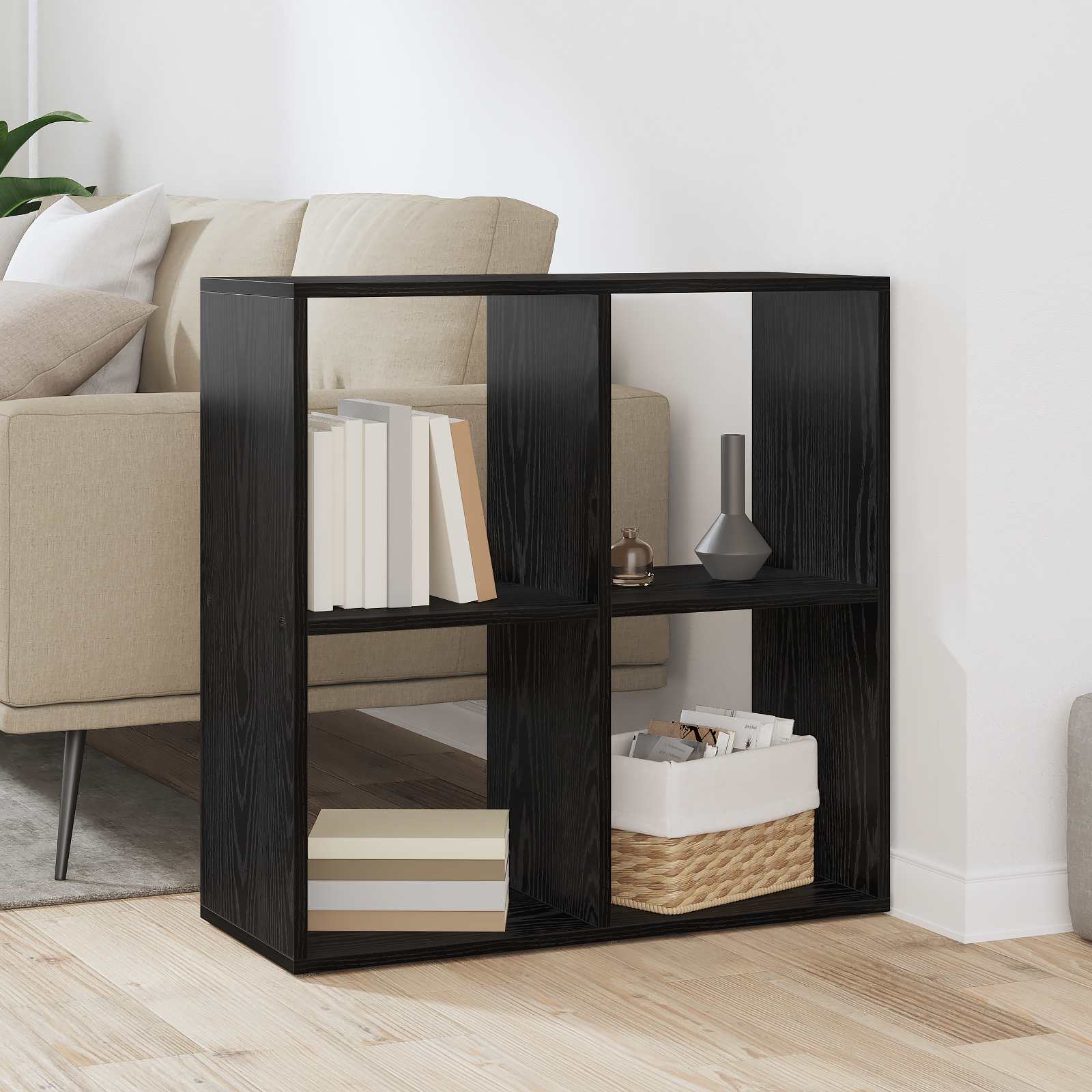vidaXL Bogskab 4 niveauer 69,5 x 29 x 69,5 cm Konstrueret træ Sort eg