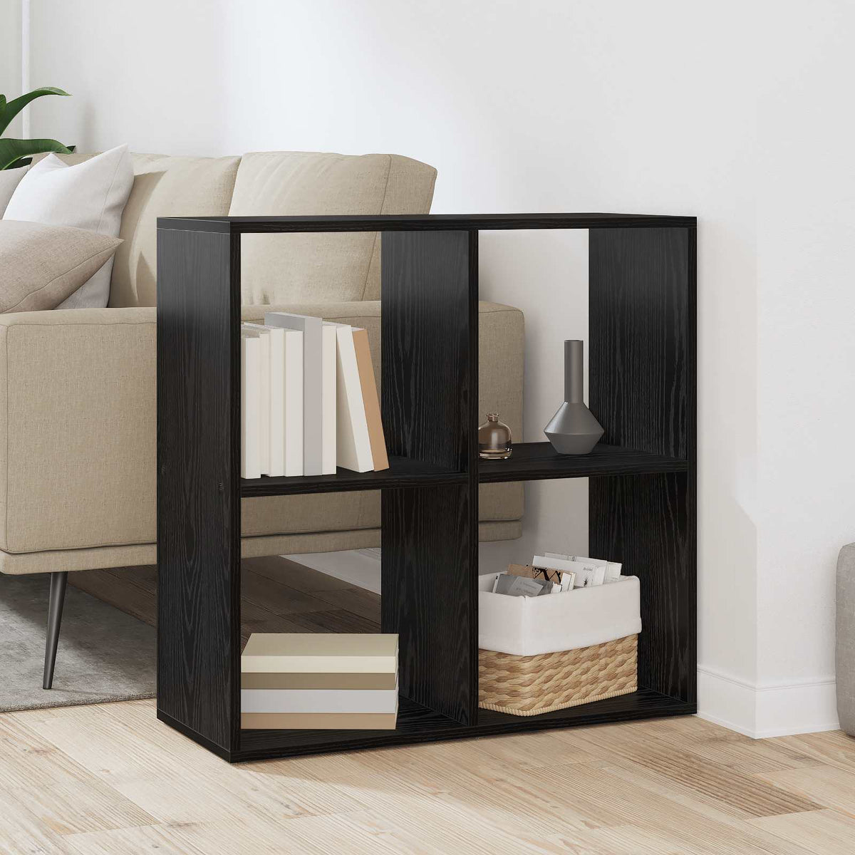 vidaXL Bogskab 4 niveauer 69,5 x 29 x 69,5 cm Konstrueret træ Sort eg