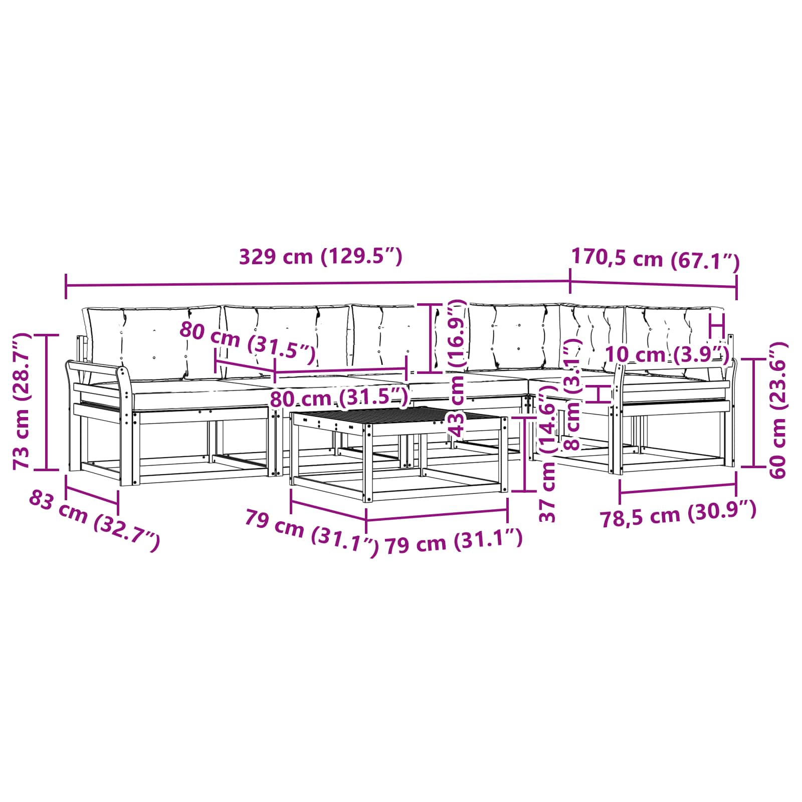 Udendørs sofagruppe 6 pcs Hvid og lysegrå 79 x 79 x 37 cm