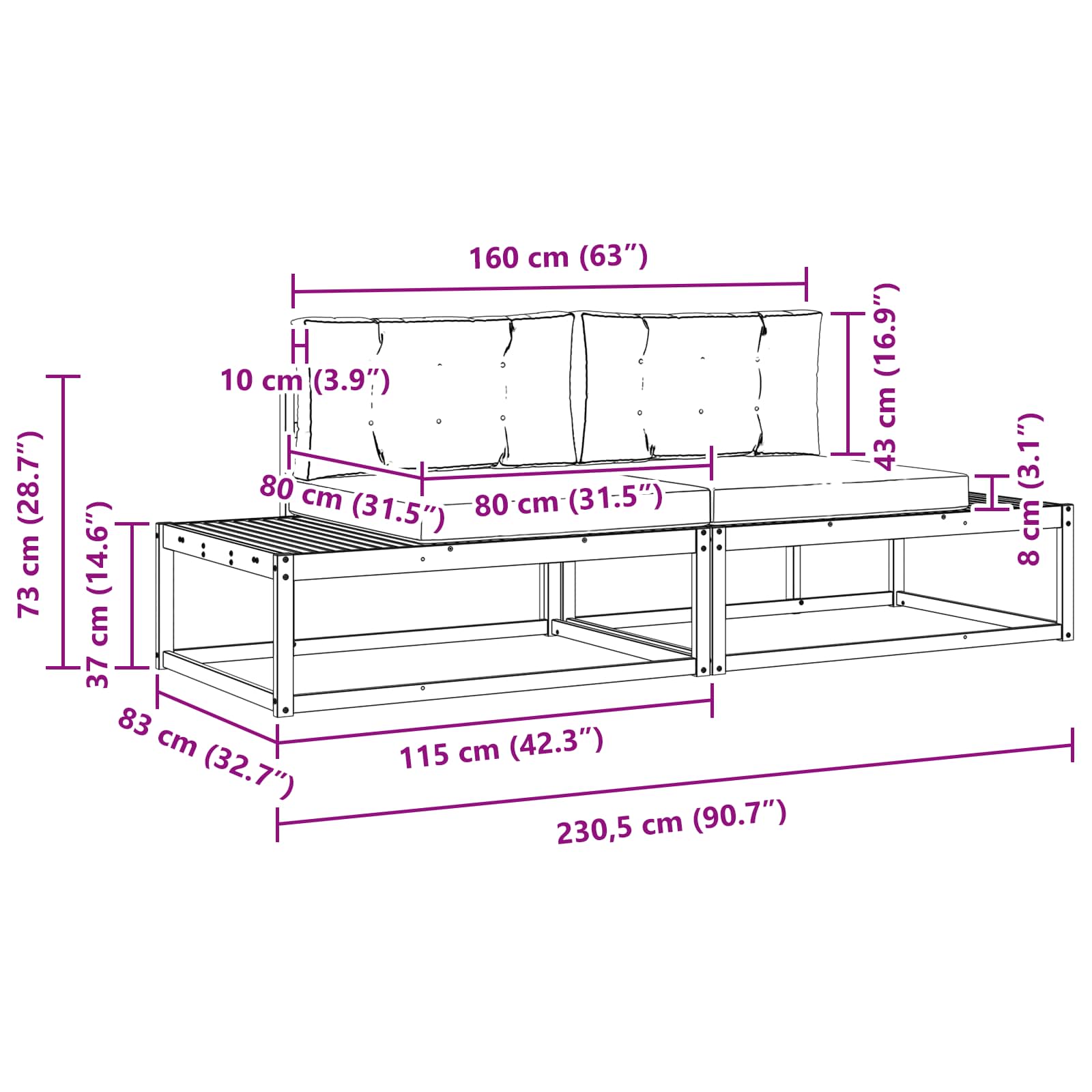 Udendørs sofagruppe med pude Hvid 230,5 x 83 x 73 cm Polyester