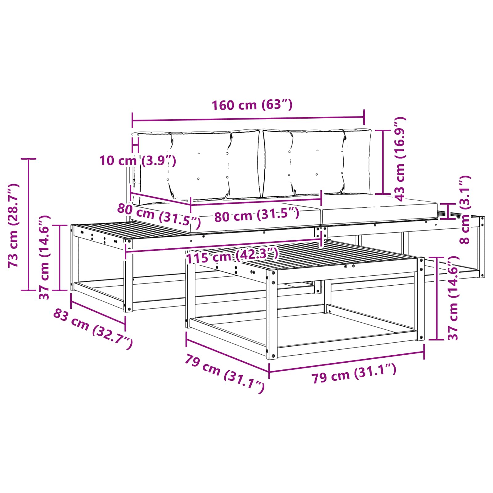 Udendørs sofagruppe med pude Hvid 79 x 79 x 37 cm Polyester