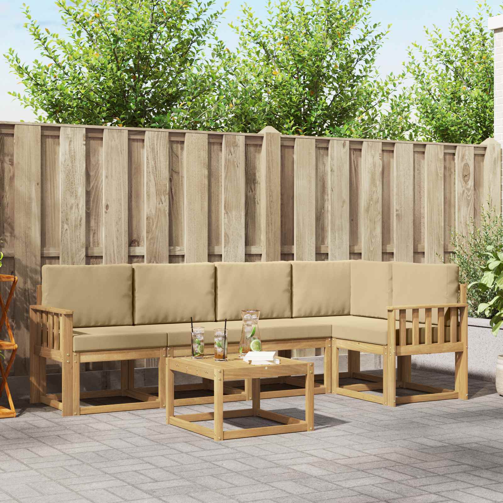 Udendørs sofagruppe 6 pcs Hvid og Beige Massivt Akacietræ