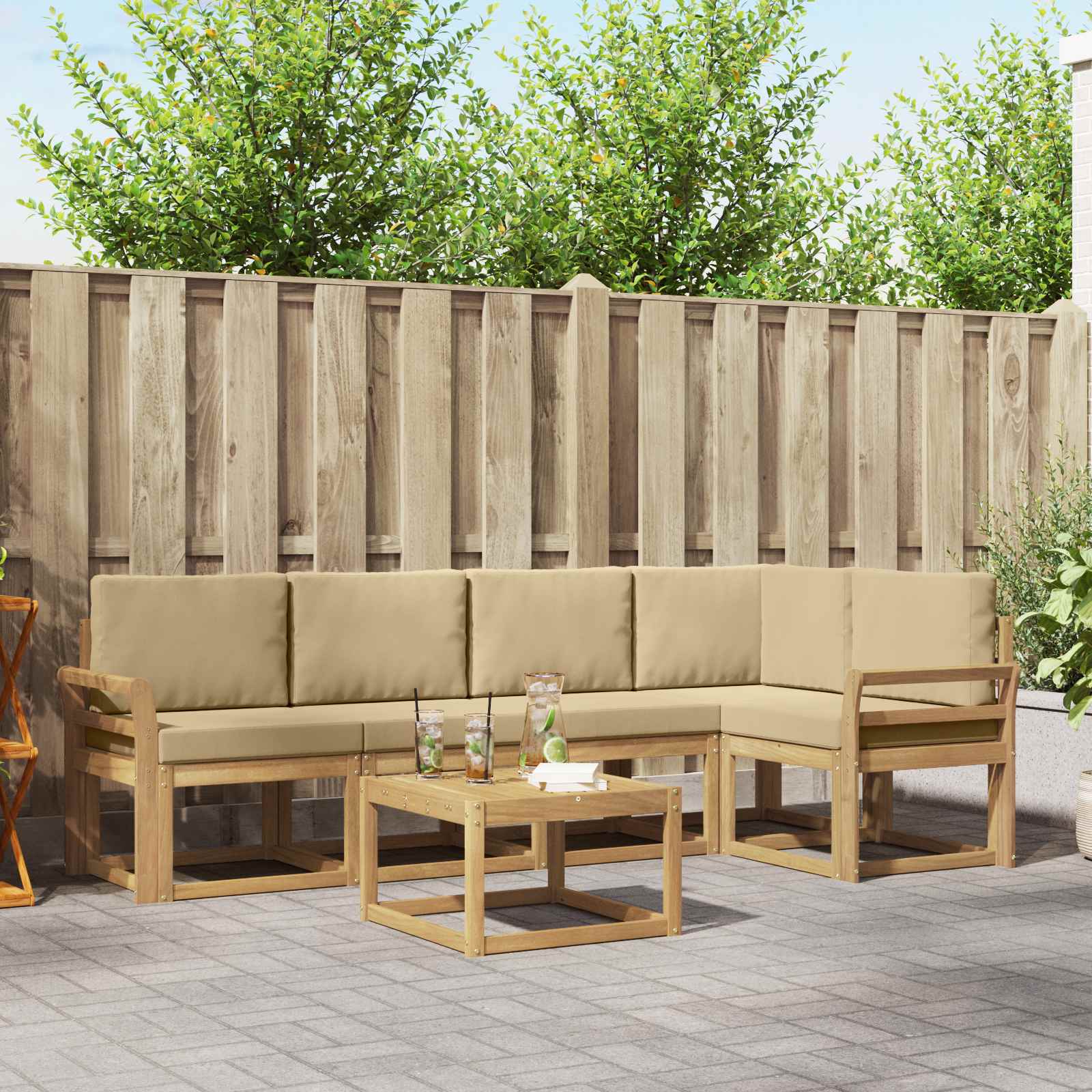 Udendørs sofagruppe 6 pcs Hvid og Beige Massivt Akacietræ