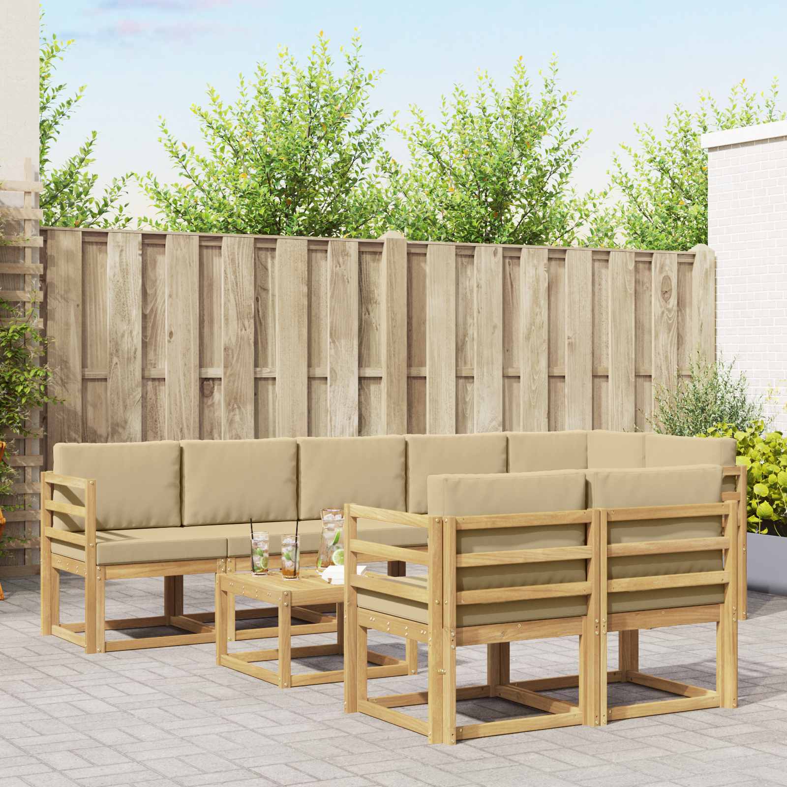 Udendørs sofagruppe med pude 9 pcs Hvid og Beige Polyester