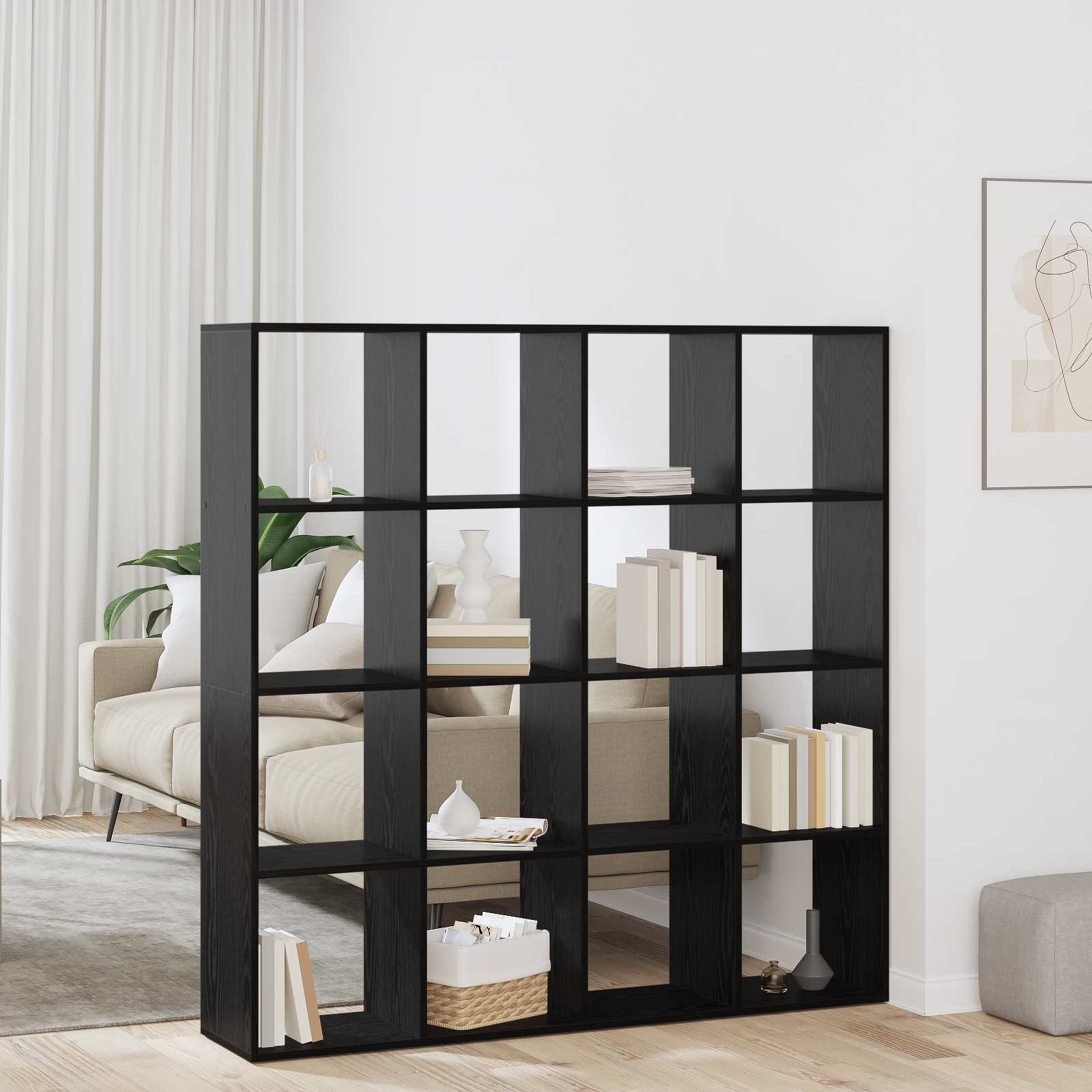 Bogreol i sort eg - konstrueret træ, 137,5 × 29 × 137,5 cm, 16 rum