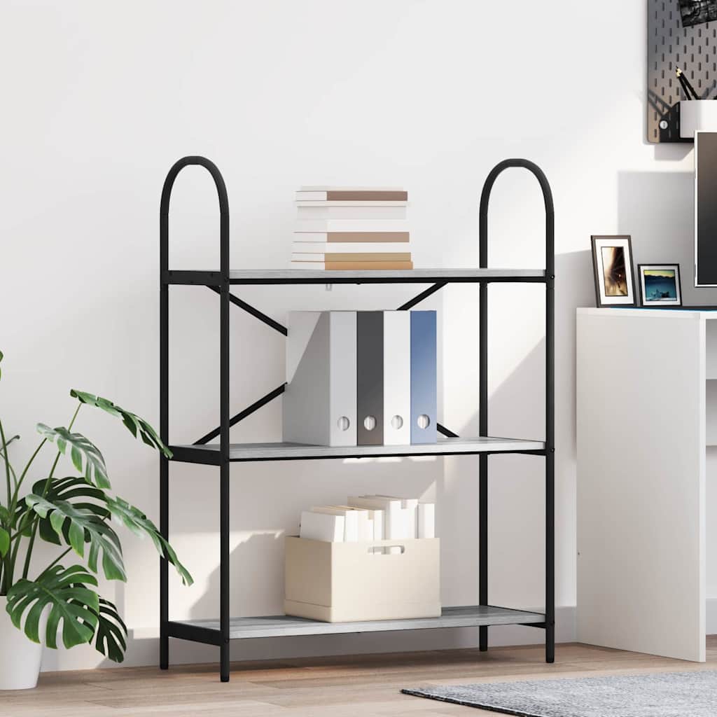 Bogreol i grå sonoma 80 × 30 × 109 cm - 3 hylder, konstrueret træ og stålramme