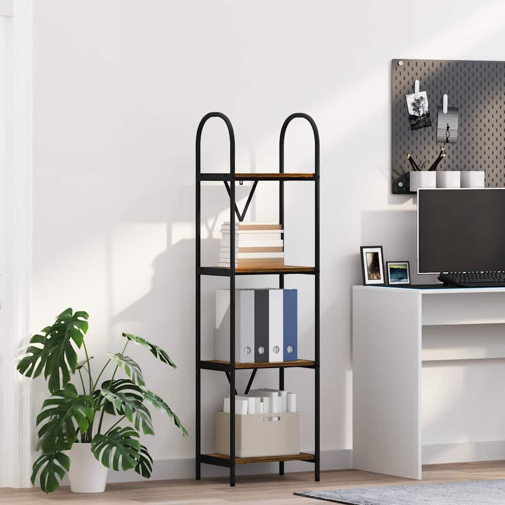 Bogreol i røget eg look - 40 × 30 × 146 cm, konstrueret træ med sort stålramme