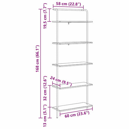 Bogreol 5 niveauer 60 x 24 x 168 cm Konstrueret træ Sort eg