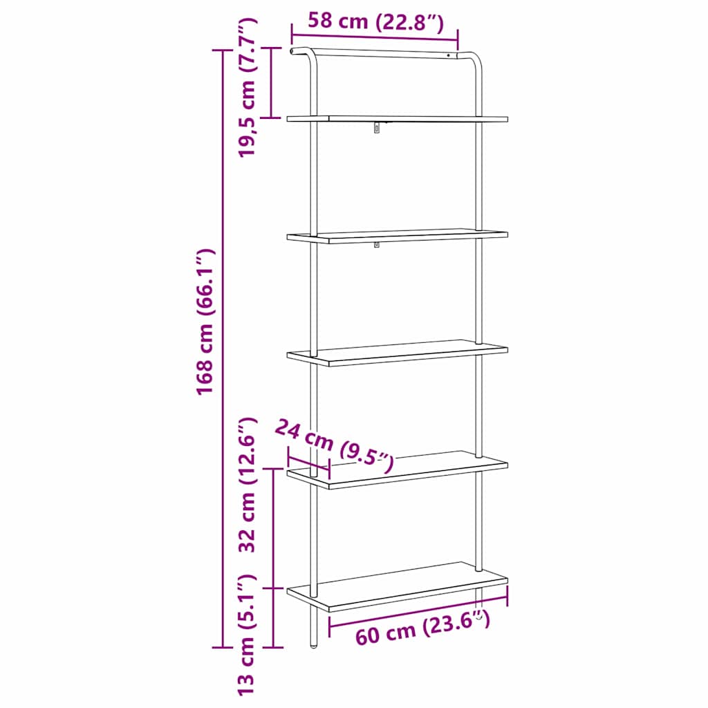 Bogreol Sort eg 60 x 24 x 168 cm Konstrueret træ
