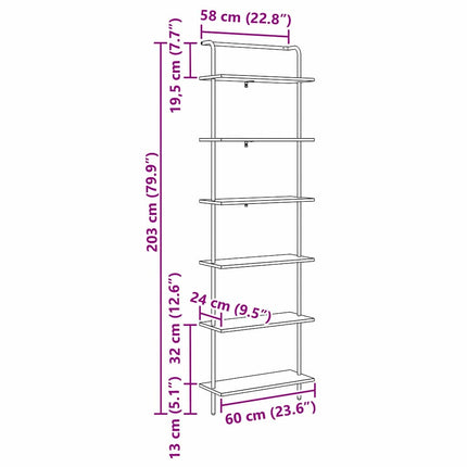 Bogreol 6 niveauer 60 x 24 x 203 cm Konstrueret træ