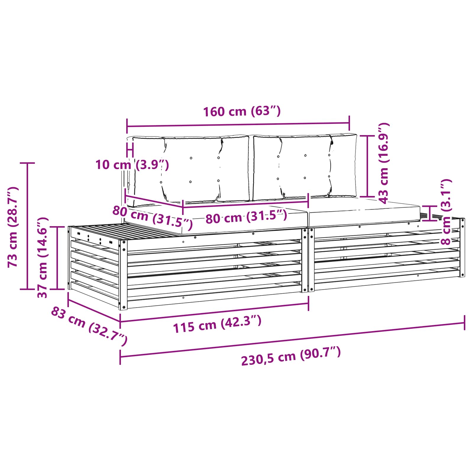 Udendørs sofagruppe med pude Hvid 230,5 x 83 x 73 cm Polyester