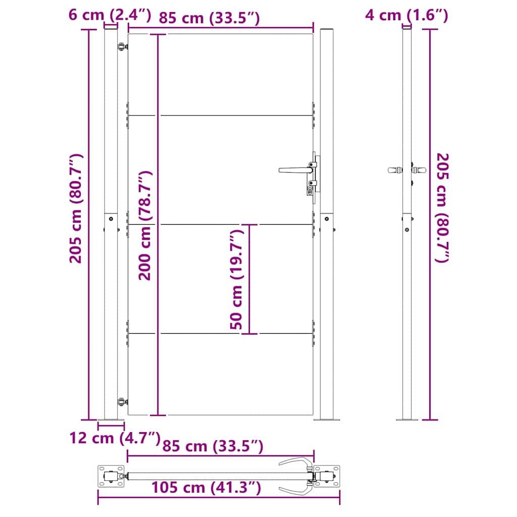 Haveport med lås Sort 105 x 205 cm Pulverlakeret stål