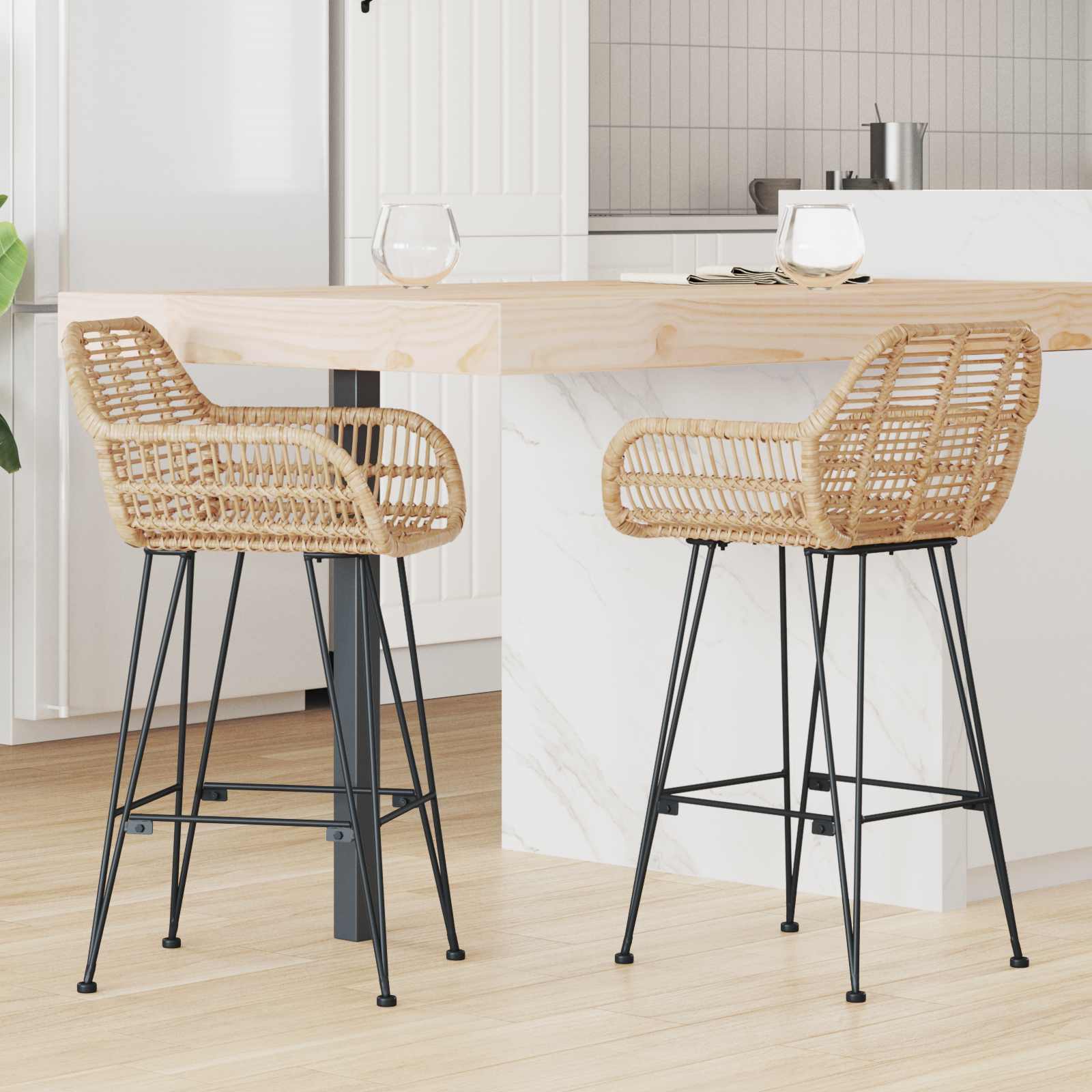 Barstol 2 pcs Naturfarvet 55 x 52 x 92 cm Rattan og Jern