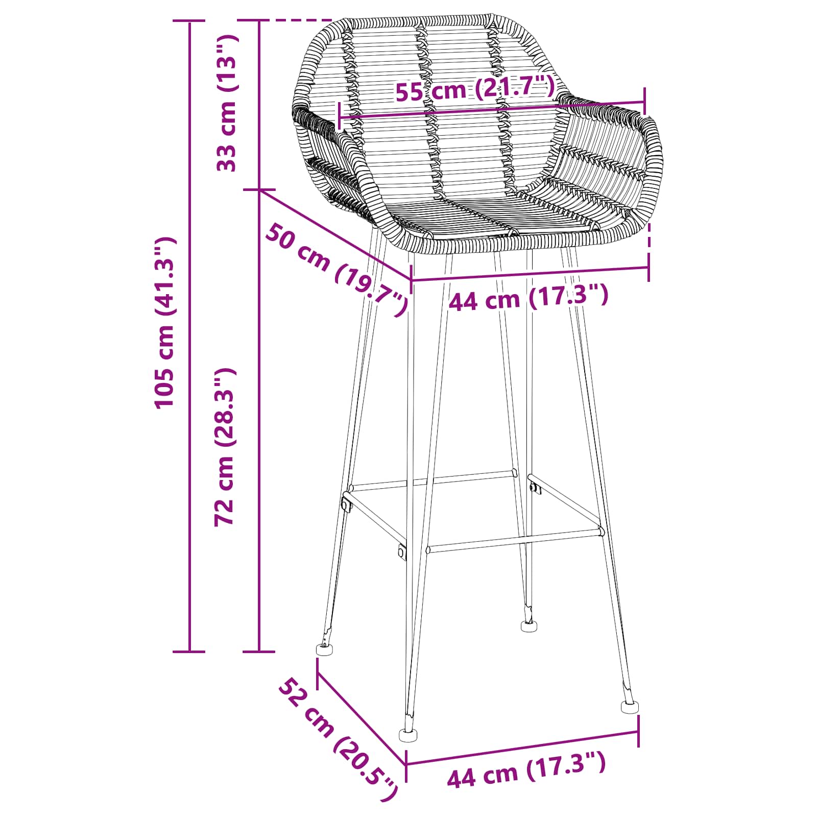 Barstol 2 pcs 55 x 52 x 105 cm Rattan og Jern