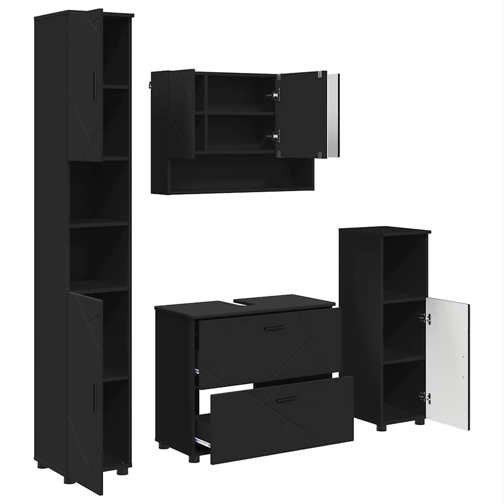 Badeværelsesmøbel sæt med skuffe 4 pcs Sort Samlet træ og metal