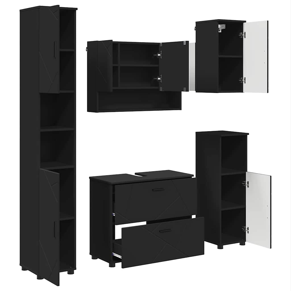 Badeværelsesmøbel sæt med skuffe 5 pcs Sort Samlet træ og metal