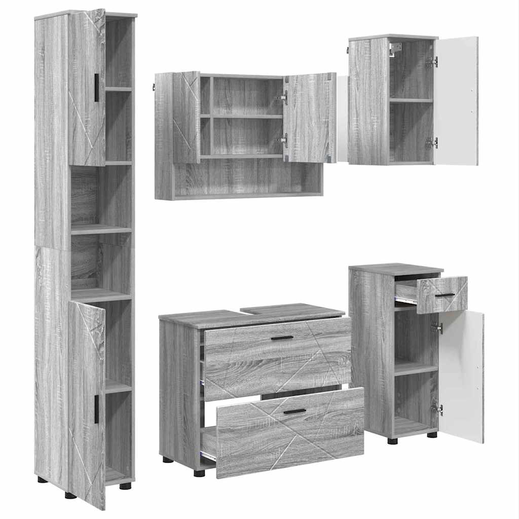 Badeværelsesmøbel sæt 5 pcs Grå Sonoma Samlet træ og metal