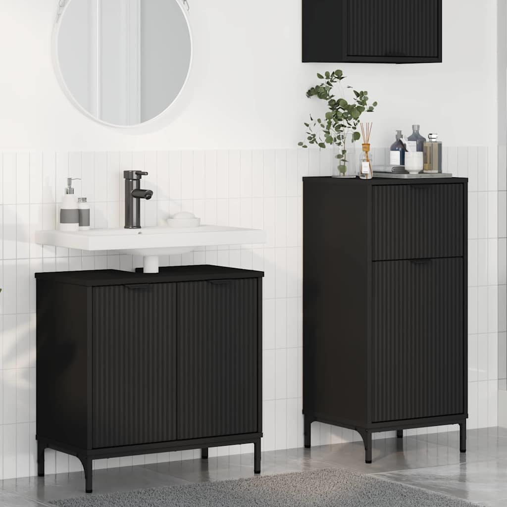 Badeværelsesmøbel sæt med skuffe 2 pcs Sort Samlet træ og metal