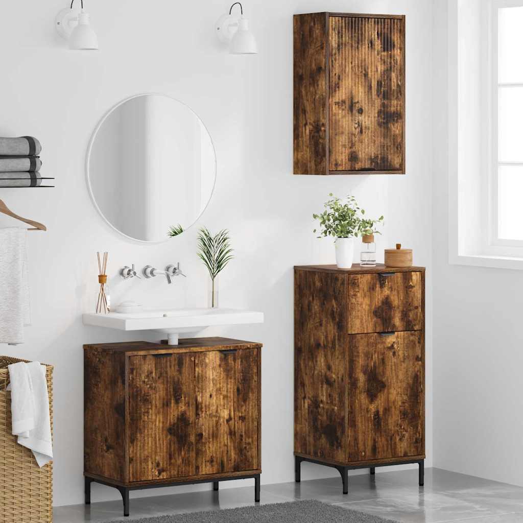 Badeværelsesmøbel sæt 3 pcs Røget eg Samlet træ og metal