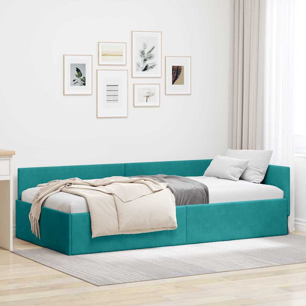 Hjørnesengramme med hovedgærde Turkis 100 cm x 200 cm Fløjl