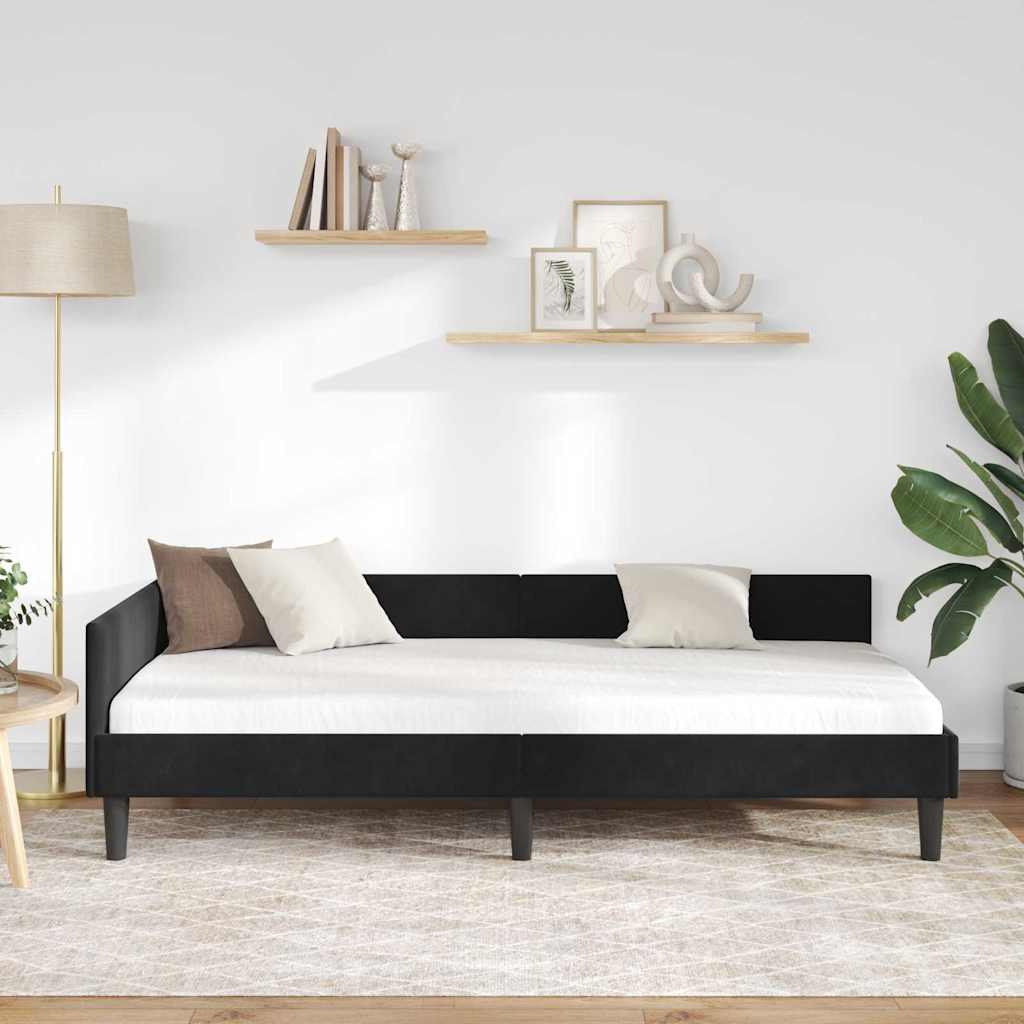 Hjørnesengramme med hovedgærde Sort 90 cm x 200 cm Fløjl