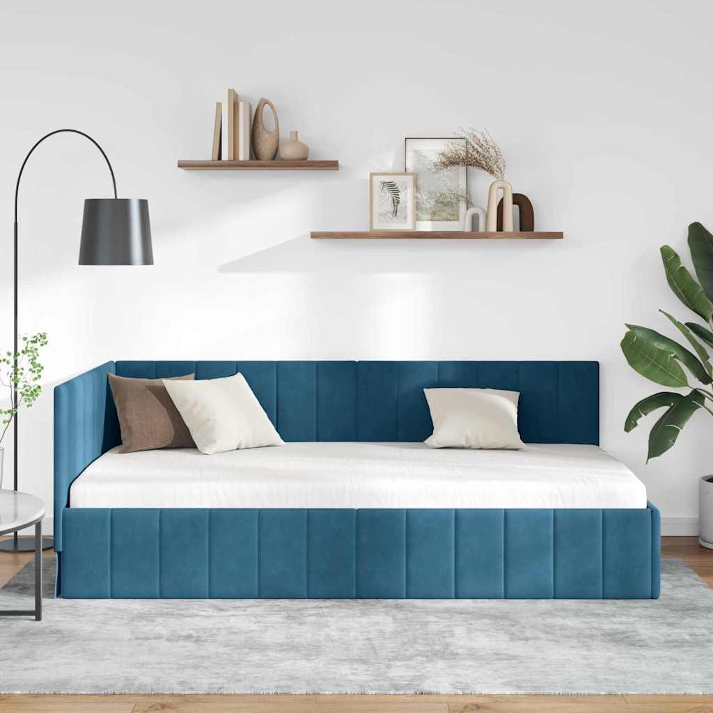 Hjørnesengramme med hovedgærde Blå 90 cm x 200 cm Fløjl