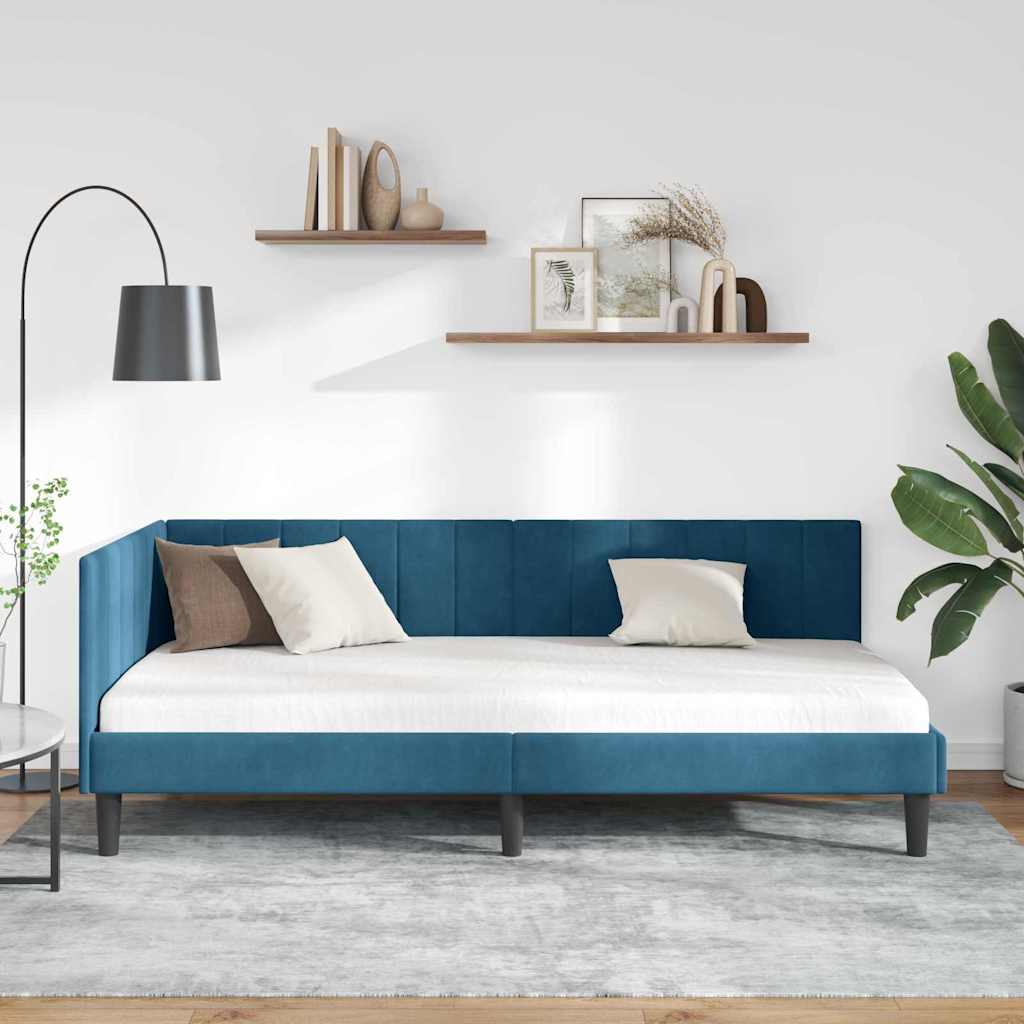 Hjørnesengramme med hovedgærde Blå 90 cm x 190 cm Fløjl