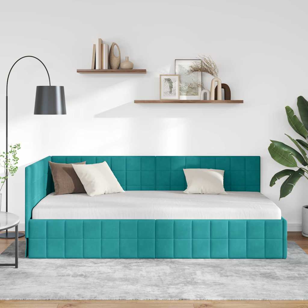 Hjørnesengramme med hovedgærde Turkis 100 cm x 200 cm Fløjl