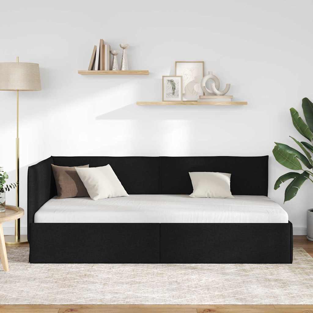 Hjørnesengramme med hovedgærde Sort 90 x 190 cm Stof