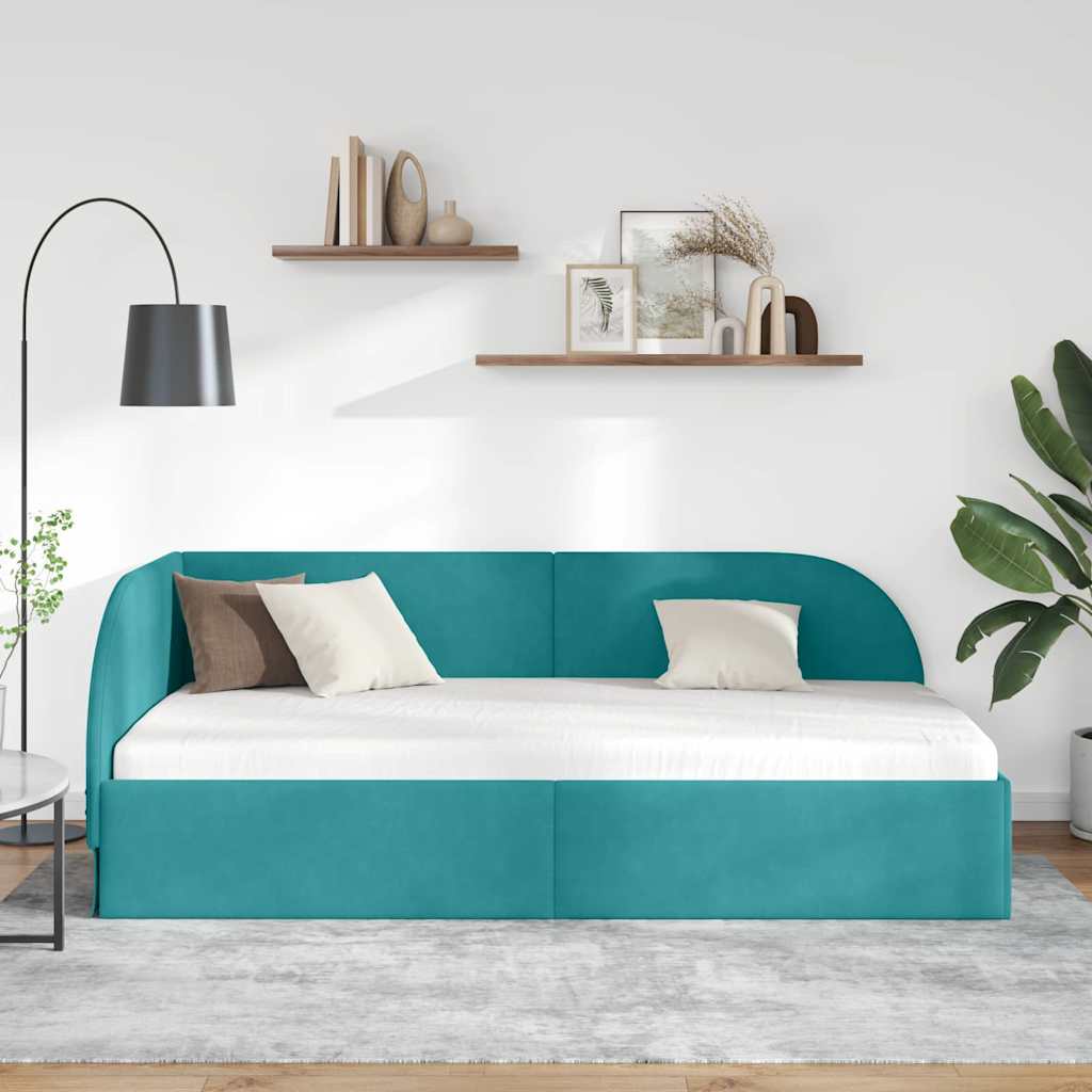 Hjørnesengramme med hovedgærde Turkis 90 cm x 190 cm Fløjl
