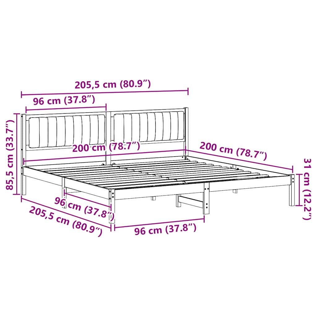 Sengestel med hovedgærde Lysegrå 200 x 200 cm Massiv fyrretræ