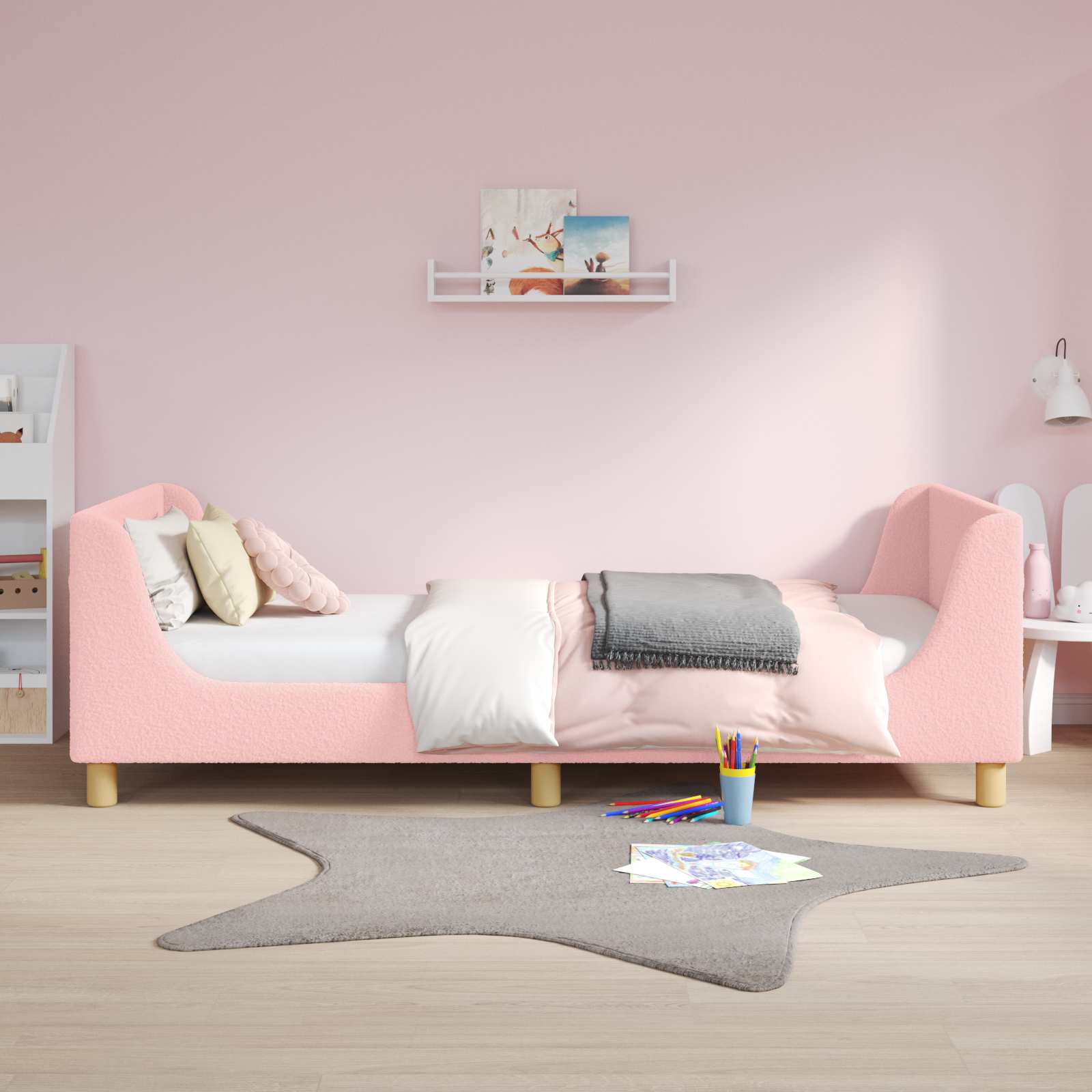 Børnesengestel med hovedgærde Lyserød 90 x 200 cm Bouclé