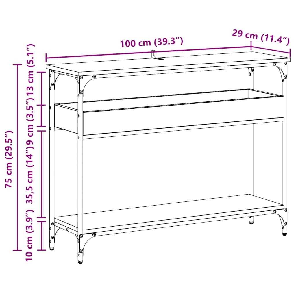 Konsolbord med hylde Sort eg 100 x 29 x 75 cm Konstrueret træ