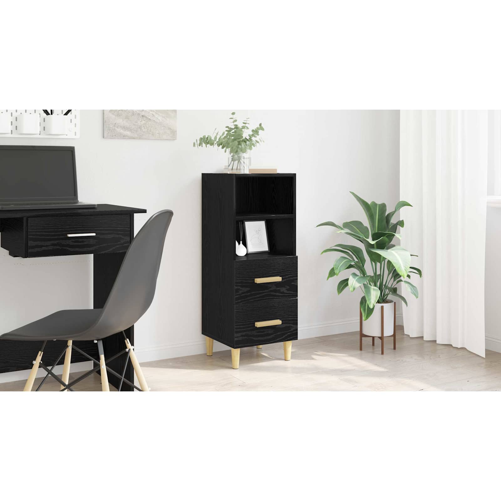 Sideboard med skuffe Sort eg 34 x 34.5 x 90 cm Konstrueret træ