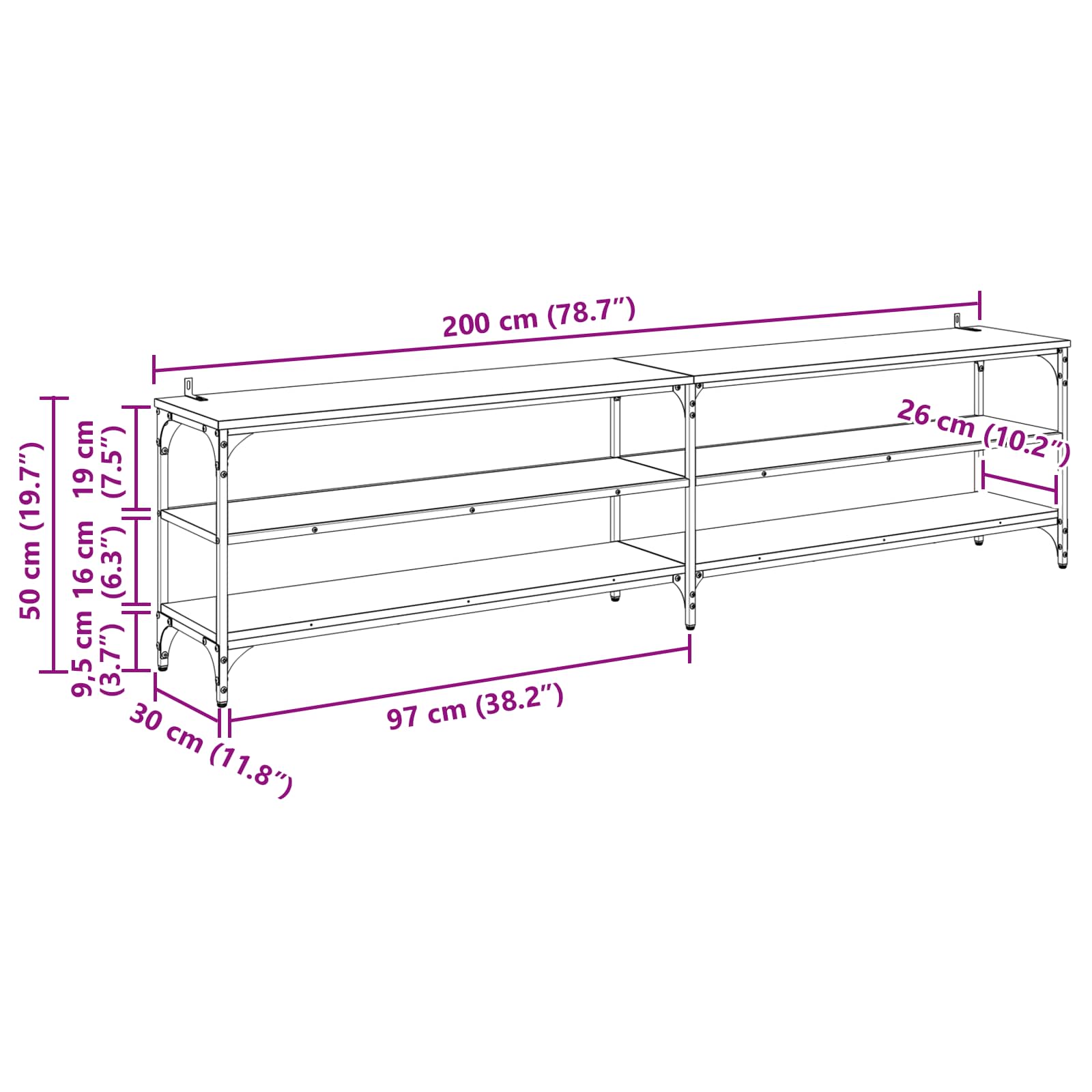 TV-skab Sort eg 200 x 30 x 50 cm Ingeniørt træ og jern