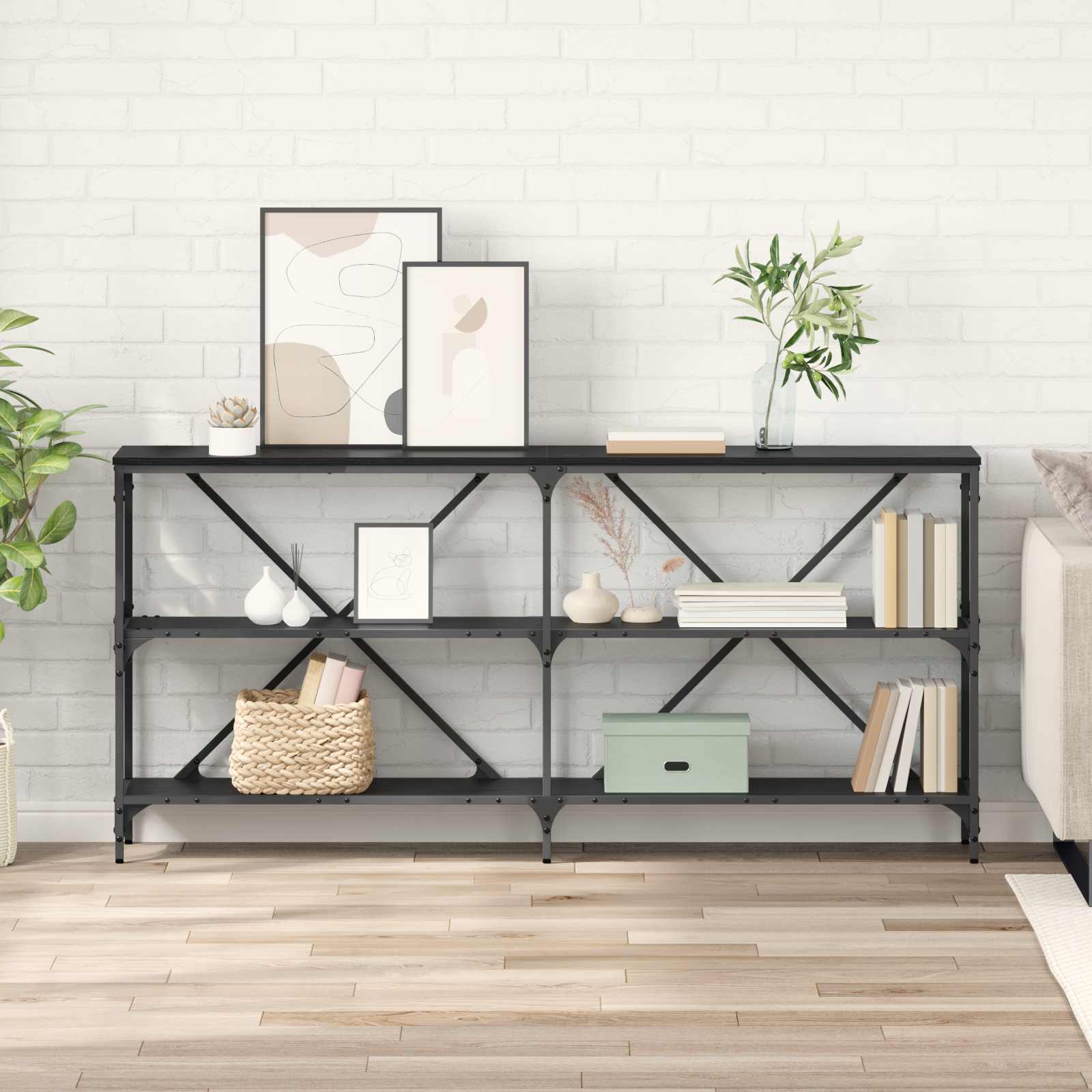 Konsolbord med hylde Sort eg 160 x 30 x 75 cm Konstrueret træ