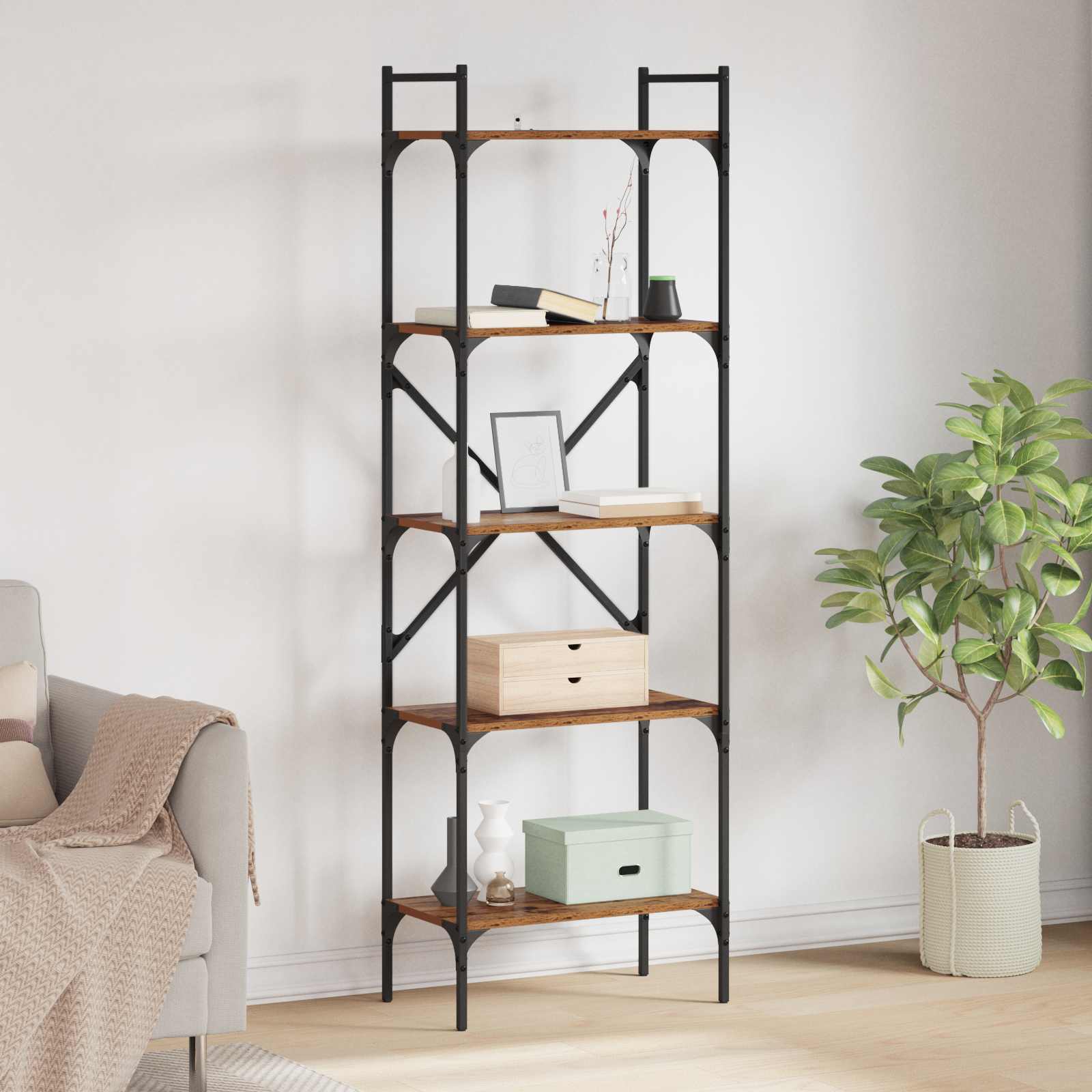 Bogreol 5 niveauer 56 x 32 x 174 cm Konstrueret træ Gammelt træ billede