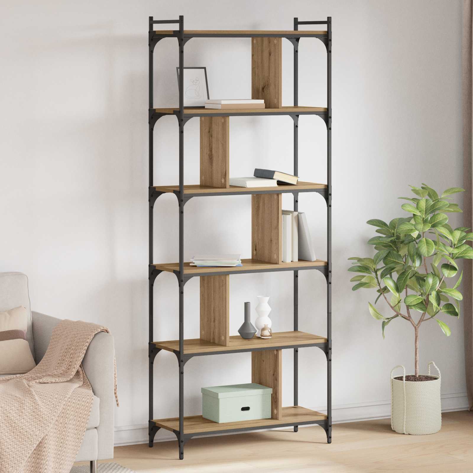 Bogreol i artisan eg 76 × 32 × 192 cm - konstrueret træ med metalramme