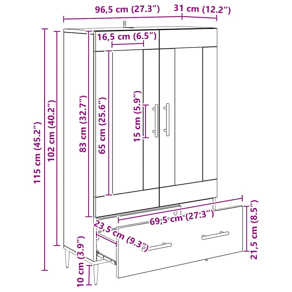 Highboard Sort eg 69,5 x 31 x 115 cm Ingeniørtræ og glas