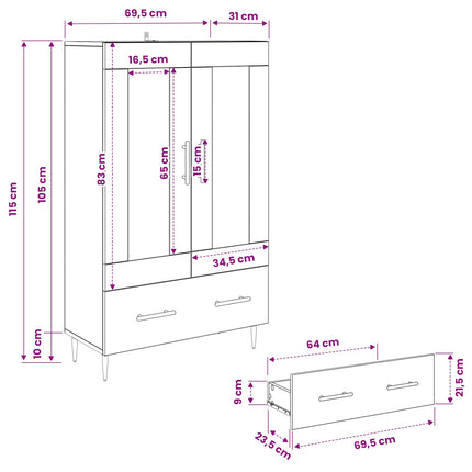 Highboard Sort eg 69,5 x 31 x 115 cm Ingeniørtræ og glas