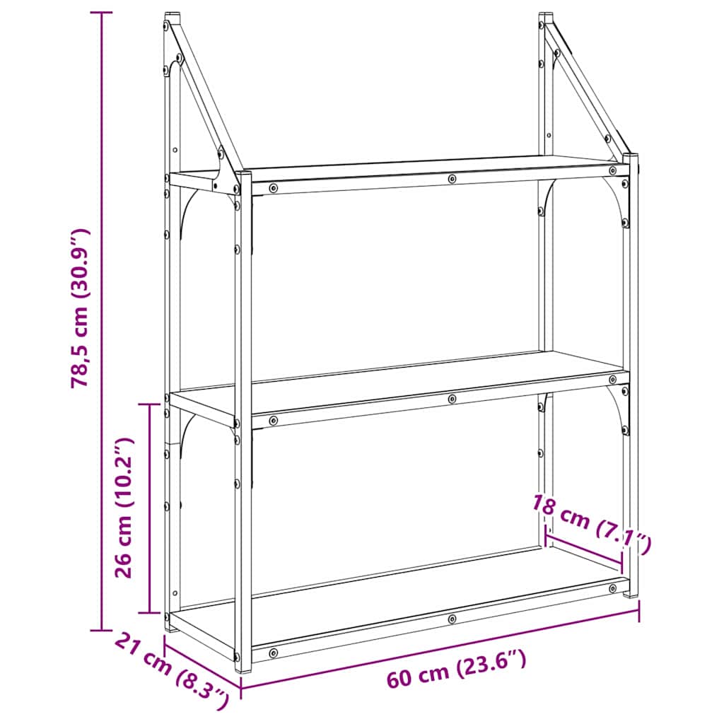 Væghylde med hylde Sort eg 60 x 21 x 78,5 cm Konstrueret træ