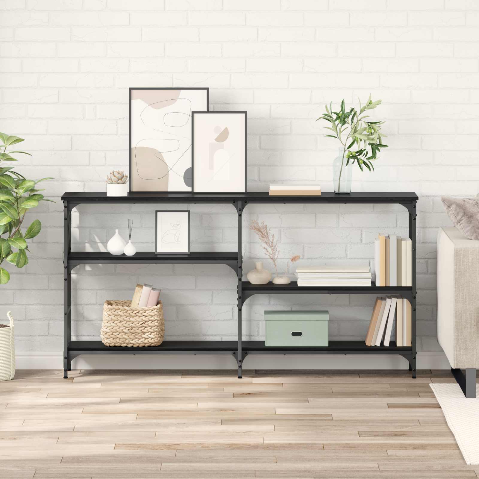 Konsolbord med hylde Sort eg 150 x 29 x 76,5 cm Konstrueret træ