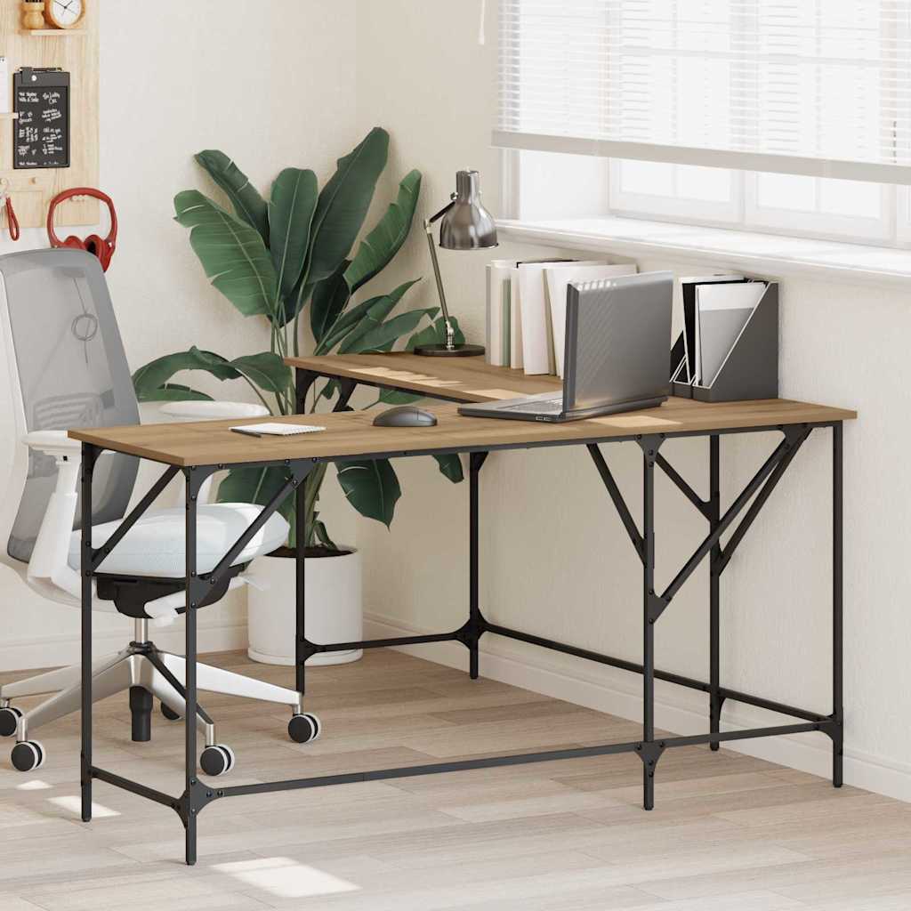 L-formet hjørneskrivebord - artisan egetræ, 149 × 149 × 75 cm, konstrueret træ og stål