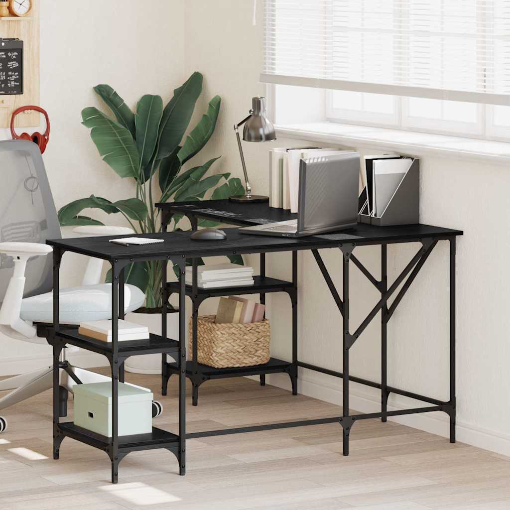 L-formet skrivebord med hylder - sort eg, 139 × 139 × 75 cm, konstrueret træ